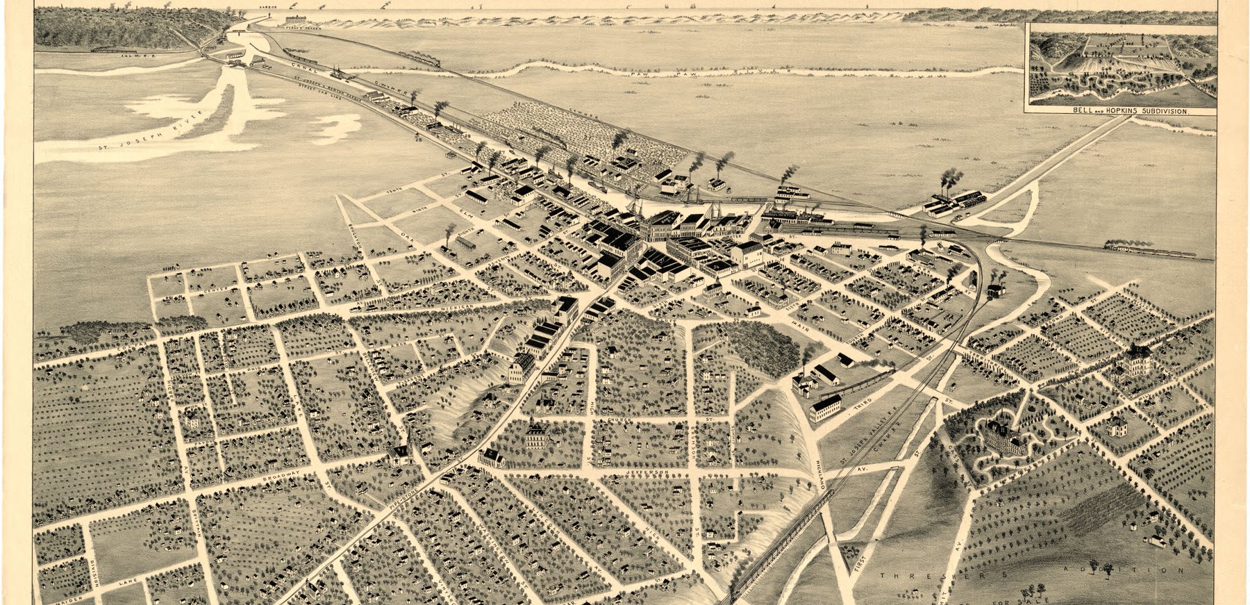 Historic 1889 bird’s-eye map of Benton Harbor, Michigan