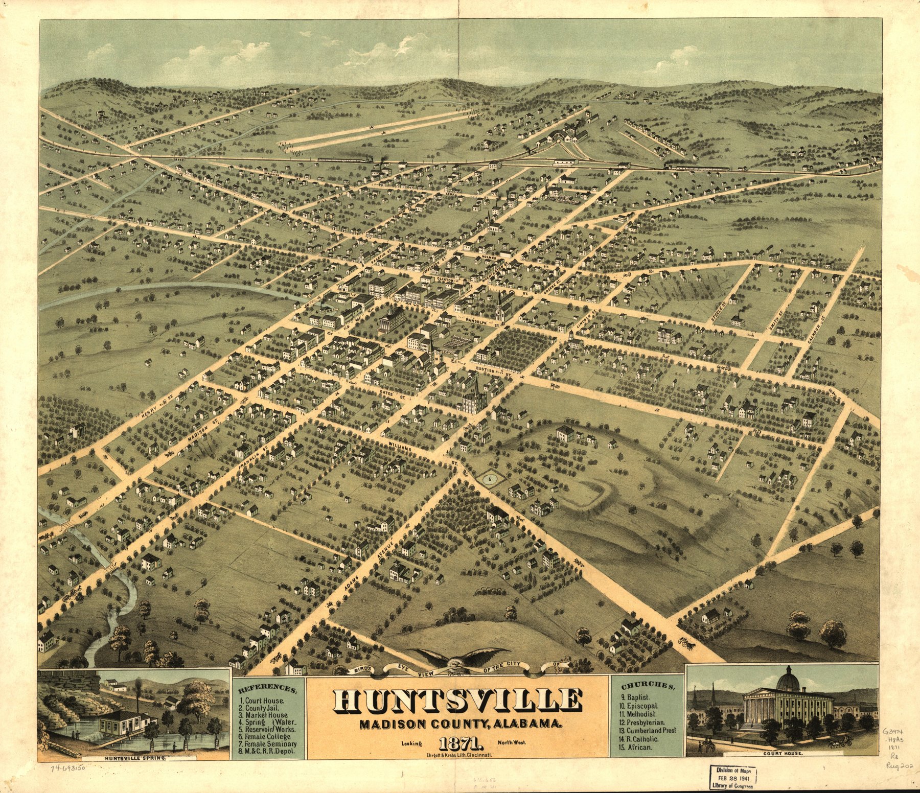 1871 bird’s-eye map of Huntsville, Alabama